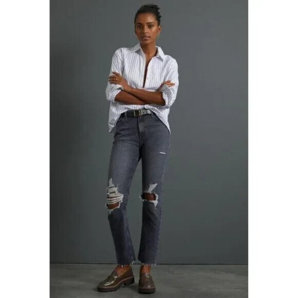 Hudson 25 Holly Straight Jeans Black Distressed Cropped Jeans
